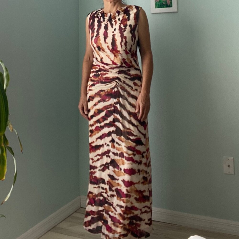 DKNY Abstract Zebra Print Ruched Mesh Maxi Dress Size 6